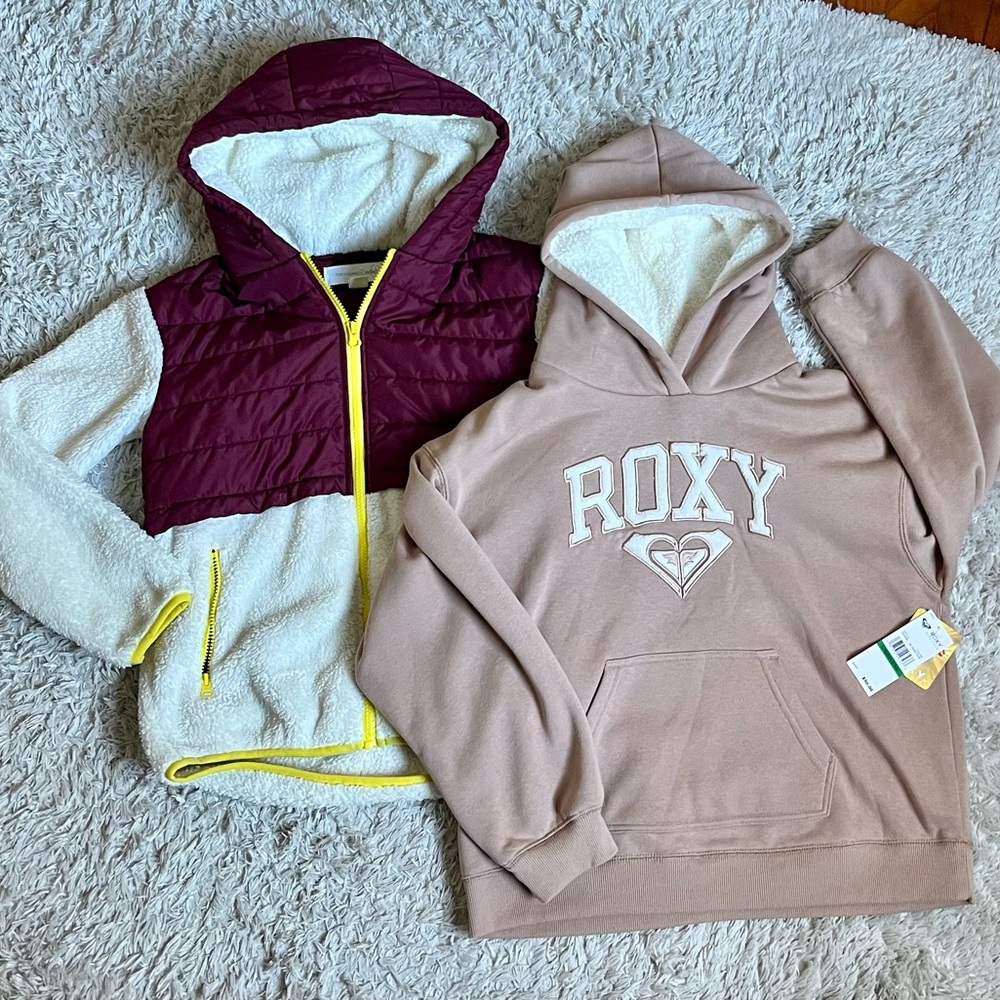 NWT ROXY Sherpa Fleece Lined Hoodie, Sherpa Puffer Zipper Hooded Jacket, Girls L